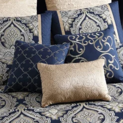 Nova 9 Piece Polyester Queen Comforter Set, Gold Damask Print, Navy Blue-Benzara -Bed Linings Sales 2024 66d4b4a64831419dbfcba97a69b84123