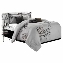 QuikFurn Queen Size 8-Piece Comforter Set In Silver Gray Black Brown Floral