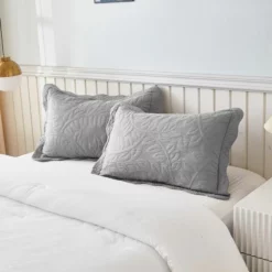 MarCielo 2 Piece 100% Cotton Quilted Pillow Shams Embroidered Farmhouse Light Gray