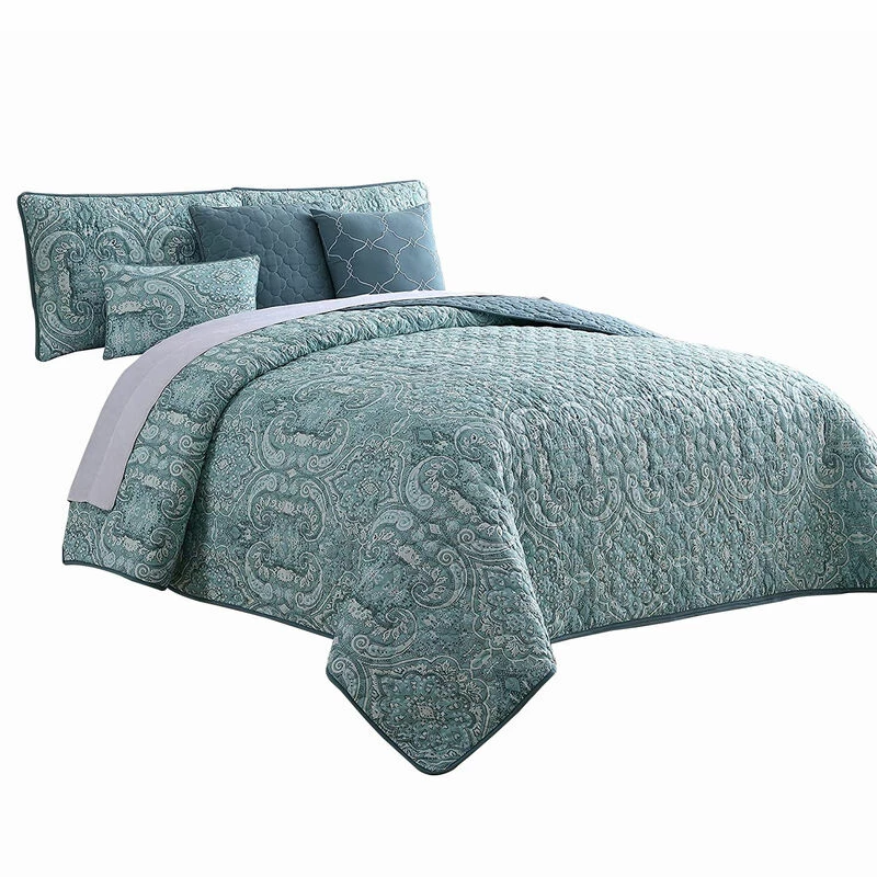Joe 6 Piece Microfiber Quilt Set, Medallion Design, Reversible, Blue-Benzara Blue 1 Joe 6 Piece Microfiber Quilt Set, Medallion Design, Reversible, Blue-Benzara Blue