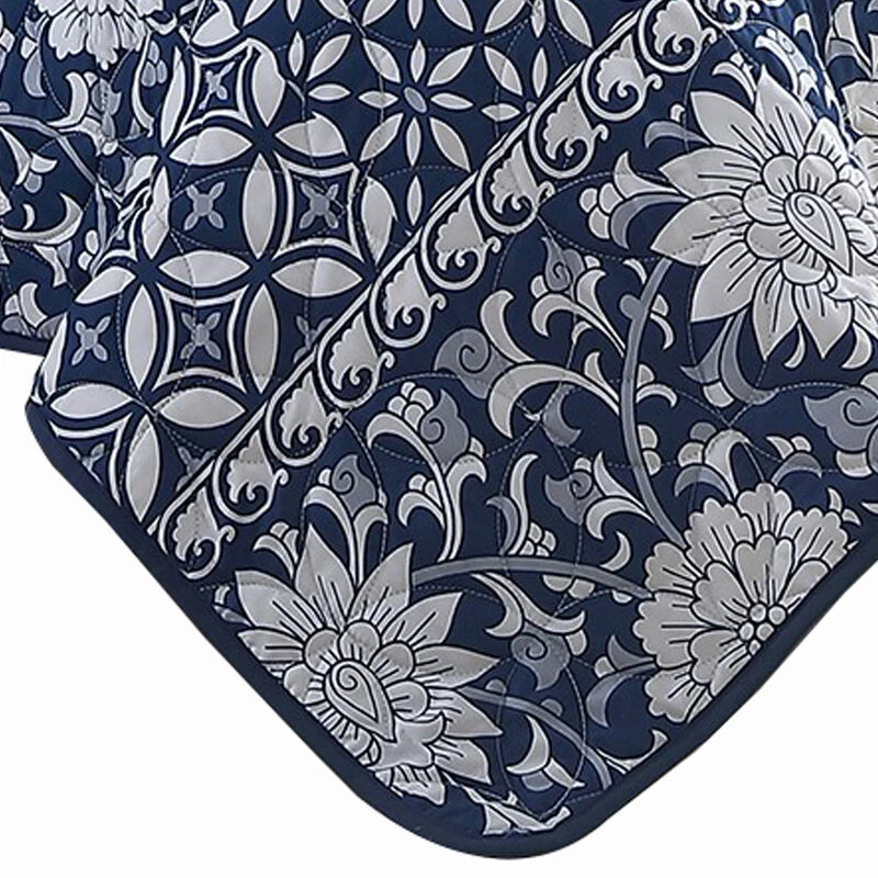 Ann 6 Piece Polyester Quilt Set, Flowers, Reversible, Navy Blue-Benzara Blue 4 Ann 6 Piece Polyester Quilt Set, Flowers, Reversible, Navy Blue-Benzara Blue - Image 4
