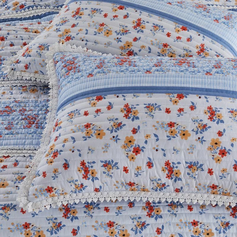 Joa Microfiber Quilt Set, Floral Print, Lace Trim, Multicolor-Benzara Multicolor, Blue, White 3 Joa Microfiber Quilt Set, Floral Print, Lace Trim, Multicolor-Benzara Multicolor, Blue, White - Image 3