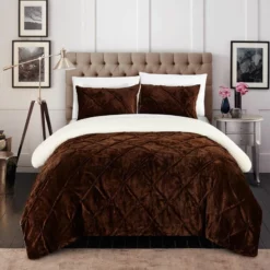 Chic Home Enzo Pinch Pleated Ruffled & Pin Tuck Sherpa Lined BedBag Comforter Set Queen 3 Piece Brown