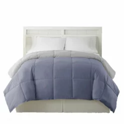 Genoa Reversible King Comforter With Box Quilted The Urban Port, Silver And Blue-Benzara