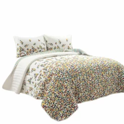 Boho Botanical Leaf Reversible Quilt 3Pc Set Turquoise/Tangerine