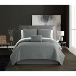 Chic Home Hayden Striped Box Stitched Design Bed In A Bag Quilt Set - King 104x90", Grey Grey