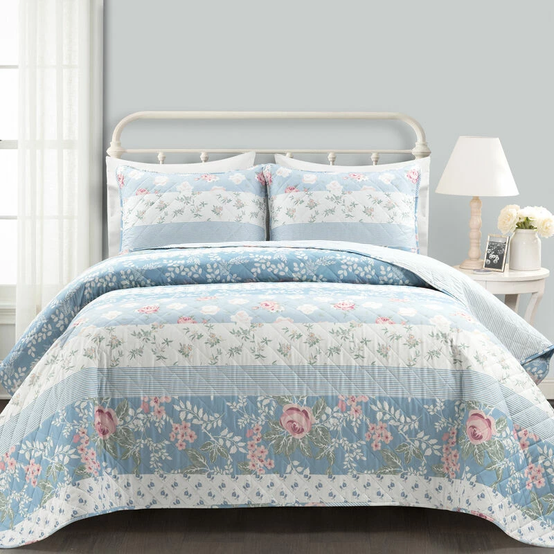 Cottage Core Flower Stripe Oversized Reversible Cotton Quilt Blue/Dusty Pink 3Pc Set Full/Queen Blue/Dusty Pink 2 Cottage Core Flower Stripe Oversized Reversible Cotton Quilt Blue/Dusty Pink 3Pc Set Full/Queen Blue/Dusty Pink - Image 2