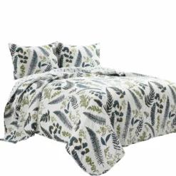 Devonia Allover Reversible Oversized Cotton Quilt 3Pc Set White/Green