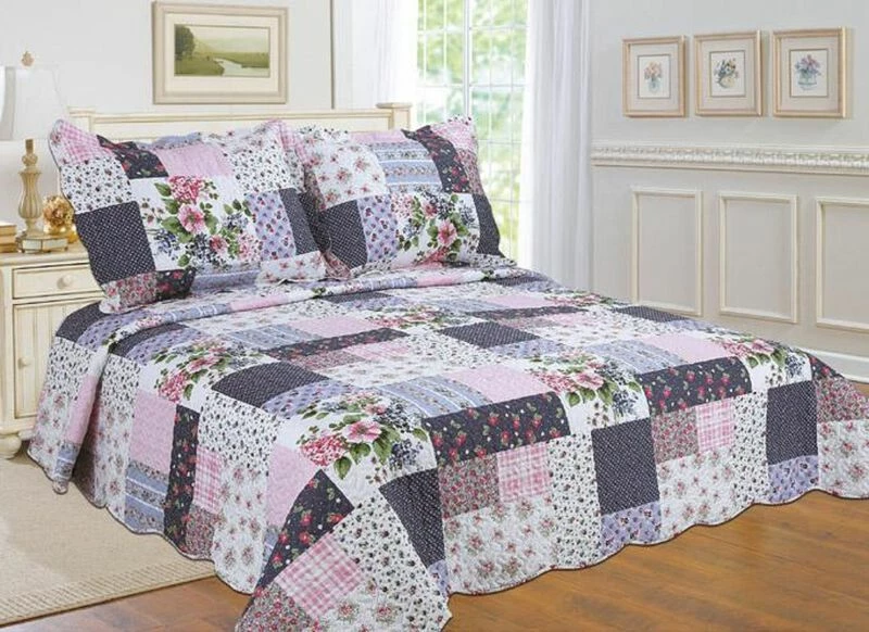 3-Piece Cotton Blend Reversible Quilt Set Rose 1 3-Piece Cotton Blend Reversible Quilt Set Rose