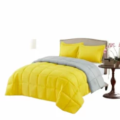 QuikFurn Traditional Microfiber Reversible 3 Piece Comforter Set Yellow/Light Grey