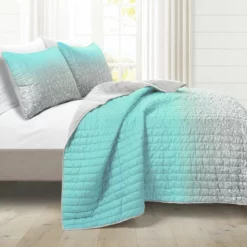 Glitter Ombre Metallic Print Quilt 5Pc Set Aqua/Gray