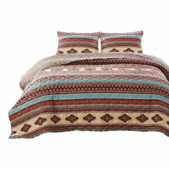 Linda 2 Piece Quilt Set, Tribal Pattern, Diamond Design, Multicolor-Benzara Multicolor, Beige, Red, Teal, Blue