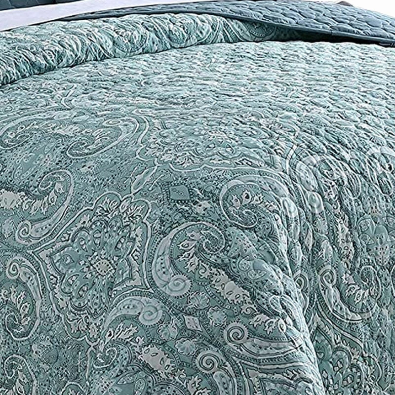 Joe 6 Piece Microfiber Quilt Set, Medallion Design, Reversible, Blue-Benzara Blue 3 Joe 6 Piece Microfiber Quilt Set, Medallion Design, Reversible, Blue-Benzara Blue - Image 3