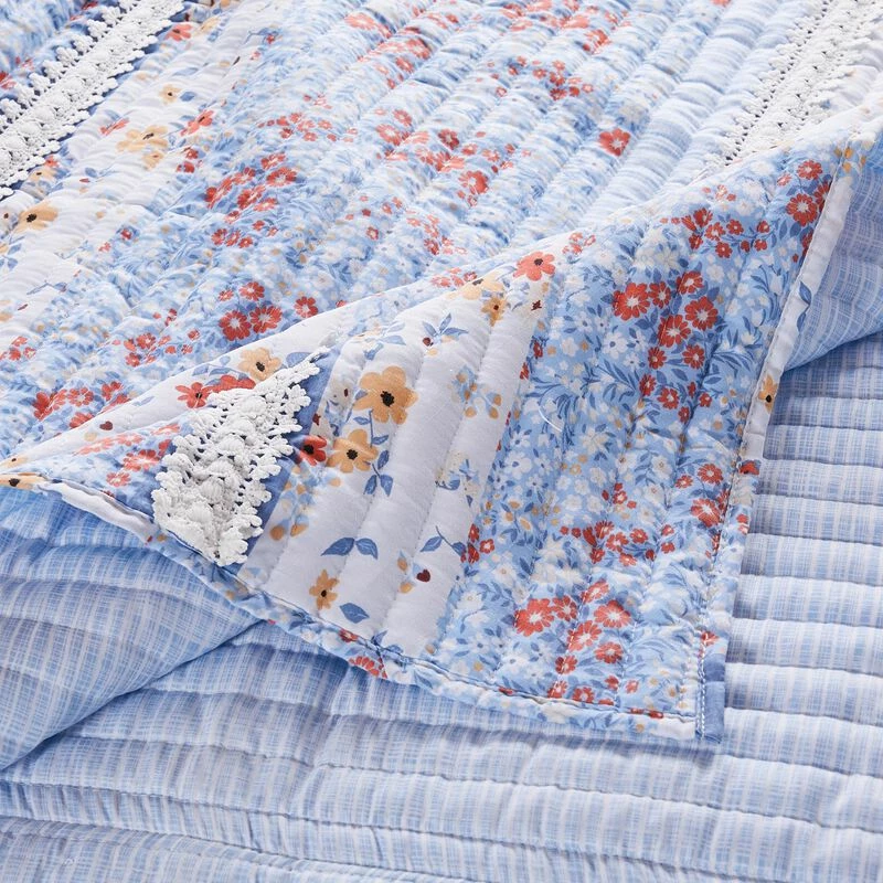 Joa Microfiber Quilt Set, Floral Print, Lace Trim, Multicolor-Benzara Multicolor, Blue, White 4 Joa Microfiber Quilt Set, Floral Print, Lace Trim, Multicolor-Benzara Multicolor, Blue, White - Image 4