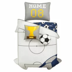 Soccer Game Reversible Oversized Kids Quilt 4Pc Set White/Navy