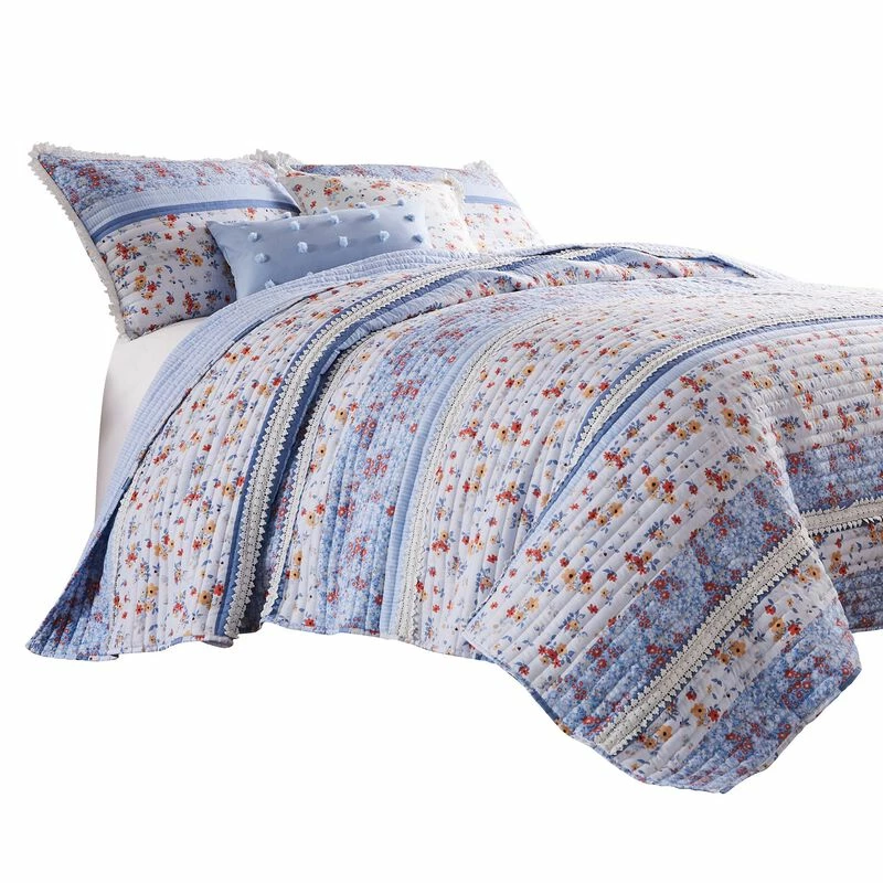 Joa Microfiber Quilt Set, Floral Print, Lace Trim, Multicolor-Benzara Multicolor, Blue, White 2 Joa Microfiber Quilt Set, Floral Print, Lace Trim, Multicolor-Benzara Multicolor, Blue, White - Image 2