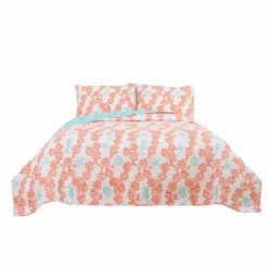 Dina Coral Blue/Coral Quilt 3Pc Set Blue/Coral