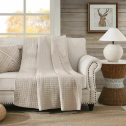 MarCielo 100% Cotton Quilted Throw 50 X 60 Inches Natural Beige