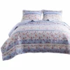 Joa Microfiber Quilt Set, Floral Print, Lace Trim, Multicolor-Benzara Multicolor, Blue, White