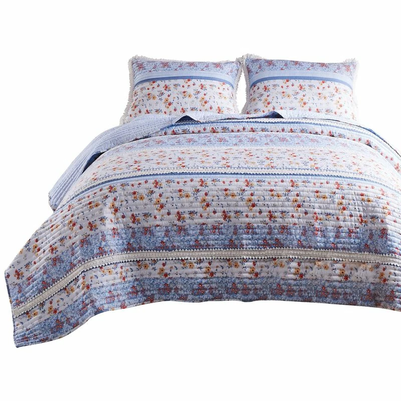 Joa Microfiber Quilt Set, Floral Print, Lace Trim, Multicolor-Benzara Multicolor, Blue, White 1 Joa Microfiber Quilt Set, Floral Print, Lace Trim, Multicolor-Benzara Multicolor, Blue, White
