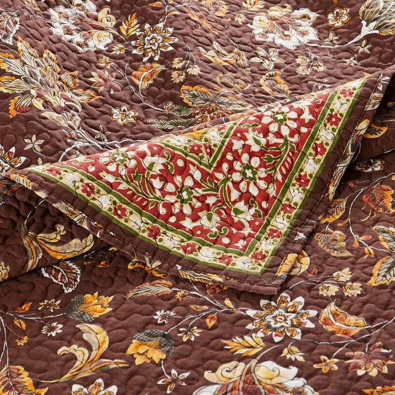 Dill Quilt Set, Bohemian, Jacobean Floral Print, Brown, Orange-Benzara Brown And Orange 4 Dill Quilt Set, Bohemian, Jacobean Floral Print, Brown, Orange-Benzara Brown And Orange - Image 4