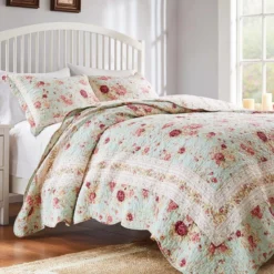 Greenland Home Antique Rose Authentic Patchwork Construction Quilt Set 2-Piece Blue