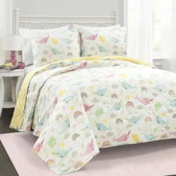 Magical Narwhal Reversible Oversized Quilt White/Multi 3Pc Set Full/Queen White/Multi