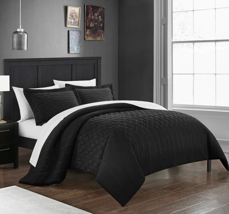 Chic Home Jazmine 3 Piece Comforter Set Embossed Embroidered Quilted Geometric Vine Pattern Bedding - Pillow Shams Included Black 2 Chic Home Jazmine 3 Piece Comforter Set Embossed Embroidered Quilted Geometric Vine Pattern Bedding - Pillow Shams Included Black - Image 2