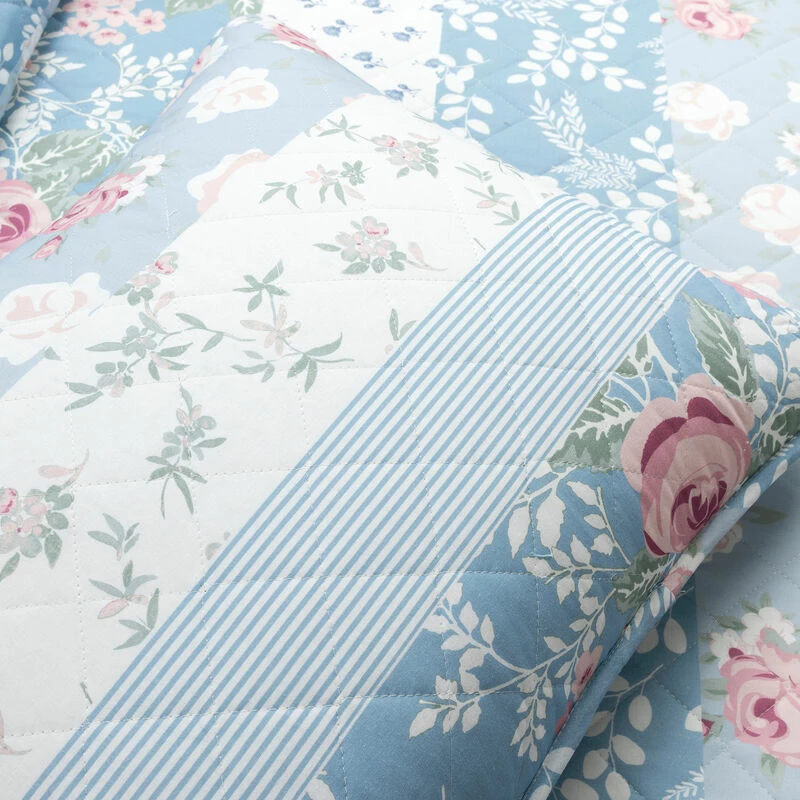 Cottage Core Flower Stripe Oversized Reversible Cotton Quilt Blue/Dusty Pink 3Pc Set Full/Queen Blue/Dusty Pink 4 Cottage Core Flower Stripe Oversized Reversible Cotton Quilt Blue/Dusty Pink 3Pc Set Full/Queen Blue/Dusty Pink - Image 4