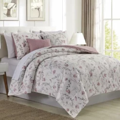 RT Designer's Collection 5 Piece Ophelia Petals Printed Complement To Any Bedroom Decor Comforter Set Queen Blush Blush