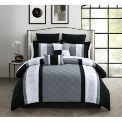 Chic Home 3589K12US Livingston 12 Piece BedBag Embroide Comforter Set With 4 Piece Sheet Set, Black King