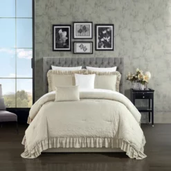 Chic Home Kensley Comforter Set Washed Crinkle Ruffled Flange Border Design Bedding Beige, King Beige