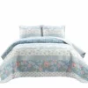 Cottage Core Flower Stripe Oversized Reversible Cotton Quilt Blue/Dusty Pink 3Pc Set Full/Queen Blue/Dusty Pink