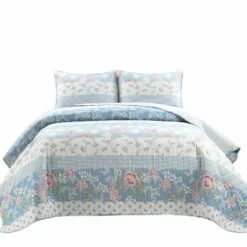 Cottage Core Flower Stripe Oversized Reversible Cotton Quilt Blue/Dusty Pink 3Pc Set Full/Queen Blue/Dusty Pink
