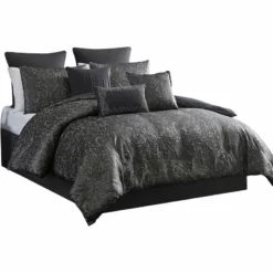 Pixie 9 Piece Polyester King Comforter Set, Damask Pattern, Charcoal Gray-Benzara