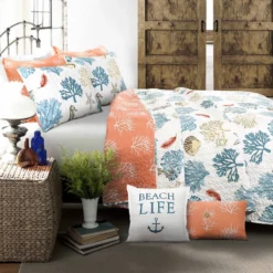 Coastal Reef Feather Quilt 7Pc Set Blue/Coral -Bed Linings Sales 2024 c253a2e5a73a400f9503bf95b252e0ab