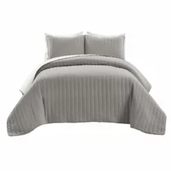 Soft Stripe All Season Quilt/Coverlet 3Pc Set Light Gray/White