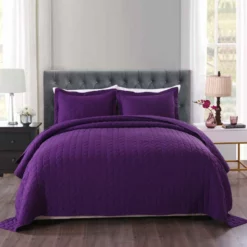 MarCielo 3 Piece Lightweight Bedspread Quilt Set Leaf Purple