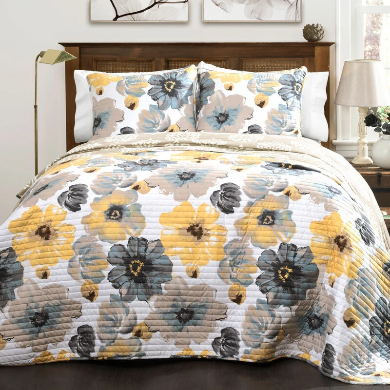 Leah Reversible Quilt 3Pc Set Yellow/Gray 2 Leah Reversible Quilt 3Pc Set Yellow/Gray - Image 2