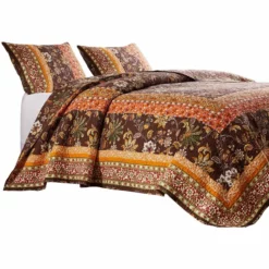 Dill Quilt Set, Bohemian, Jacobean Floral Print, Brown, Orange-Benzara Brown And Orange