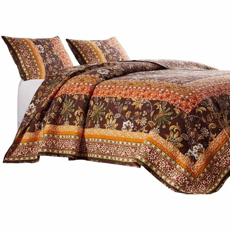 Dill Quilt Set, Bohemian, Jacobean Floral Print, Brown, Orange-Benzara Brown And Orange 1 Dill Quilt Set, Bohemian, Jacobean Floral Print, Brown, Orange-Benzara Brown And Orange