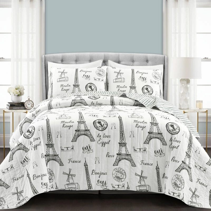 Paris Bonjour Reversible Cotton Quilt Black/White 3Pc Set King Black/White 2 Paris Bonjour Reversible Cotton Quilt Black/White 3Pc Set King Black/White - Image 2