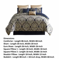 Nova 9 Piece Polyester Queen Comforter Set, Gold Damask Print, Navy Blue-Benzara -Bed Linings Sales 2024 d45e546ffb8d4ee9a6b3a920224fd45b