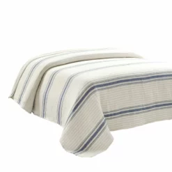 Farmhouse Stripe Kantha Pick Stitch Yarn Dyed Cotton Woven Quilt/Coverlet Single Navy