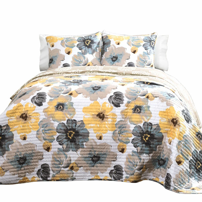 Leah Reversible Quilt 3Pc Set Yellow/Gray 1 Leah Reversible Quilt 3Pc Set Yellow/Gray