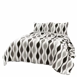 Mid Century Geo Quilt 3Pc Set Black/Gray