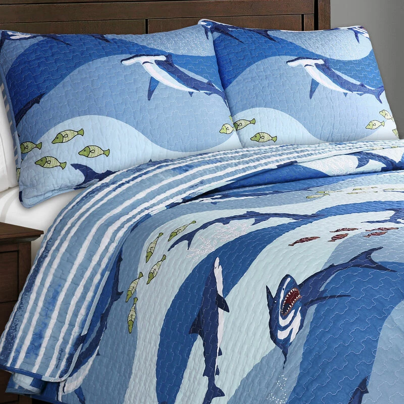 Shark Allover Quilt 2Pc Set Blue 3 Shark Allover Quilt 2Pc Set Blue - Image 3