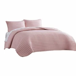 Cabe 2 Piece Comforter Set, Polyester Puffer Channel Quilted -Benzara Pink