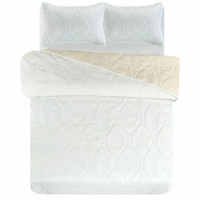 Legacy Decor 3 PCS Shell & Seahorse Stitched Pinsonic Reversible Lightweight All Season Bedspread Quilt Coverlet Oversize, Turquoise Color, Queen Size White 2 Legacy Decor 3 PCS Shell & Seahorse Stitched Pinsonic Reversible Lightweight All Season Bedspread Quilt Coverlet Oversize, Turquoise Color, Queen Size White - Image 2