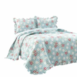 Cottage Core Floral Ruffle Reversible Oversized Quilt 3Pc Set Blue/Blush